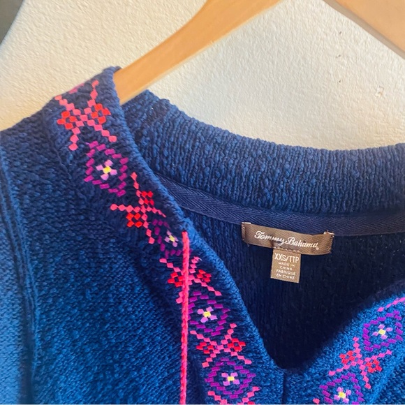 Tommy Bahama Eden Bay Tassel Tunic Sweater Navy‎ Embroidered V-Neck - Picture 6 of 7